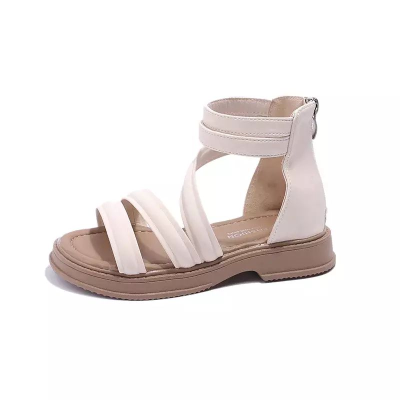 Sandálias romanas com zíper, aberto-dedo do pé, fundo grosso, cor sólida, princesa, casual, meninas, moda infantil, verão