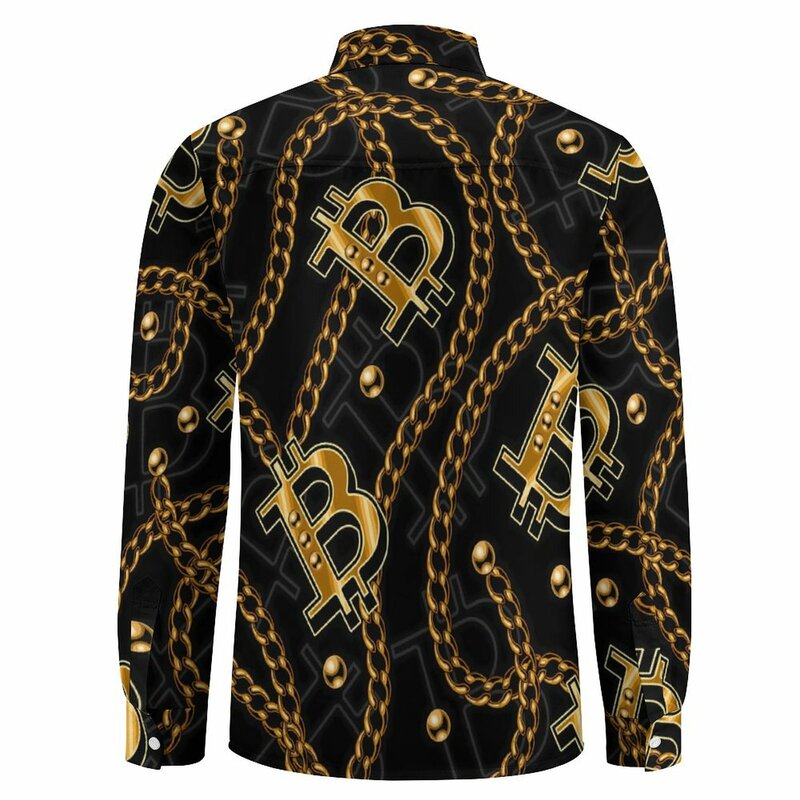 Blusa con estampado de cadenas doradas para hombre, camisa de manga larga de Bitcoin, estilo callejero clásico, informal, ropa gráfica de otoño