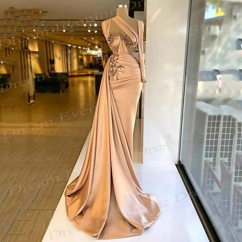 2024 Charming Champagne Women's Mermaid Modern Evening Dresses Elegant One Shoulder Long Sleeve Prom Gowns 3D Flowers Pleated