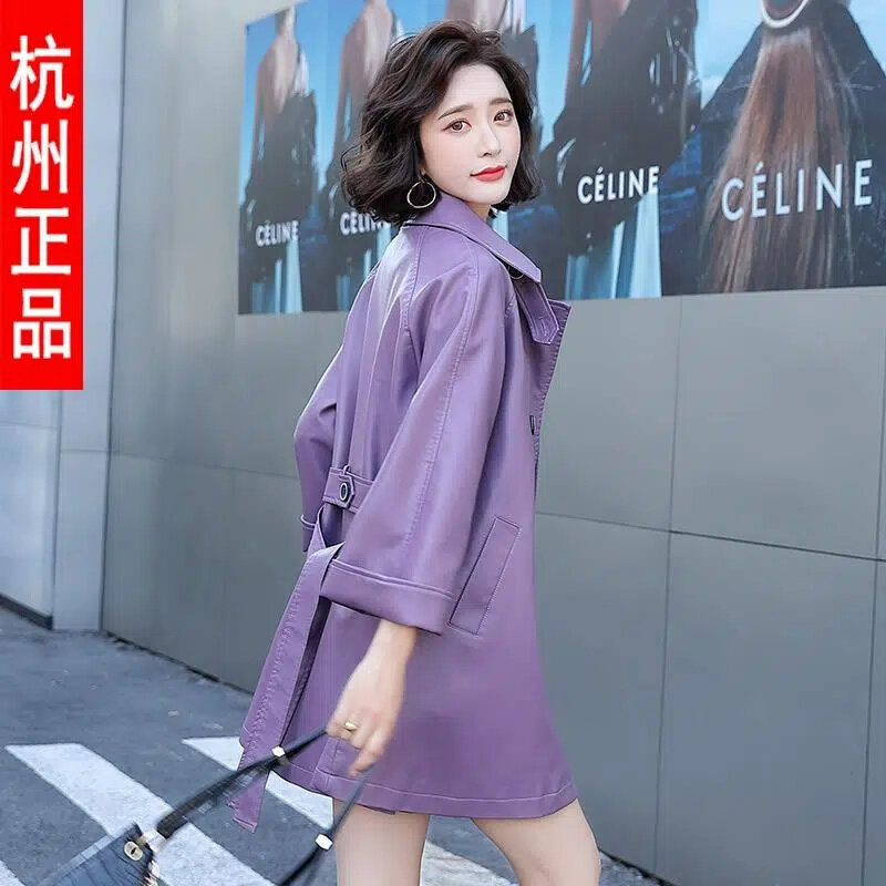 女性のための紫色の革のジャケットとコート,2022春と秋のコート,韓国版,ルーズフィット,ウエスト,光沢のある,防水