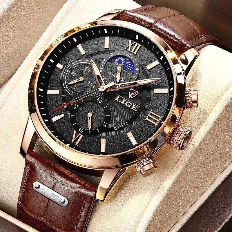 LIGE 2024 nowe zegarki męskie luksusowa marka brązowa skóra zegarek kwarcowy na co dzień męski sportowy wodoodporny zegarek z zegarem