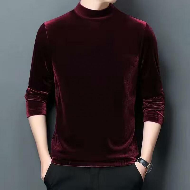 Half-high Collar Thin T Shirt for Men Basic T Shirt Fleece Autumn Winter Long Sleeve Tops Undershirt Solid Color 2024 New