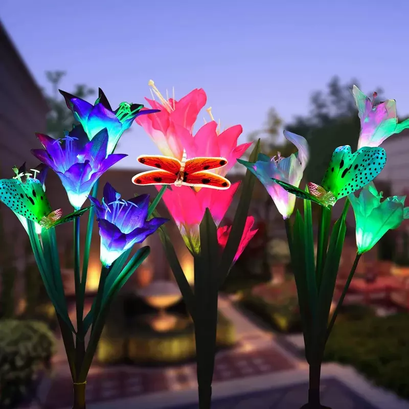 3 głowy Led Solar kwiat lilii motyl ważka lampa ogrodowa 7 zmienia kolor oświetlenie lilia różowe światło lampa trawnikowa dekoracje krajobrazu