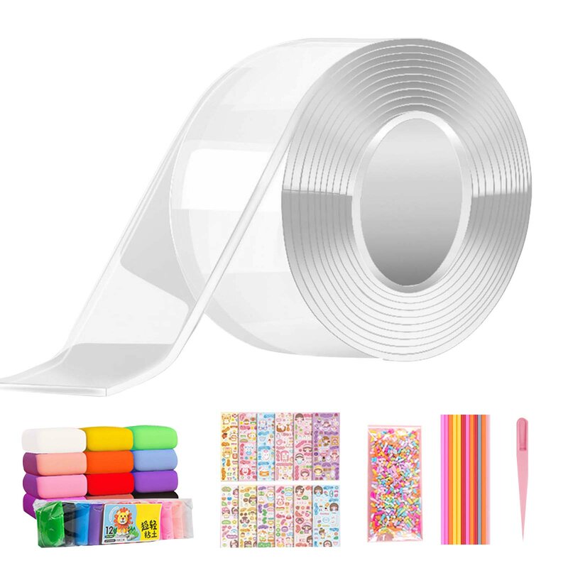 Clear with Stickers Reusable Nano Tape Double Sided Heavy Duty Removable for Classroom DIY Craft Pinch Toy Making Handmade Ball