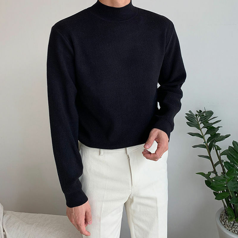Suéter masculino de malha meia gola alta, suéteres soltos, roupa monocromática, moda coreana, novo, outono e inverno, 2023