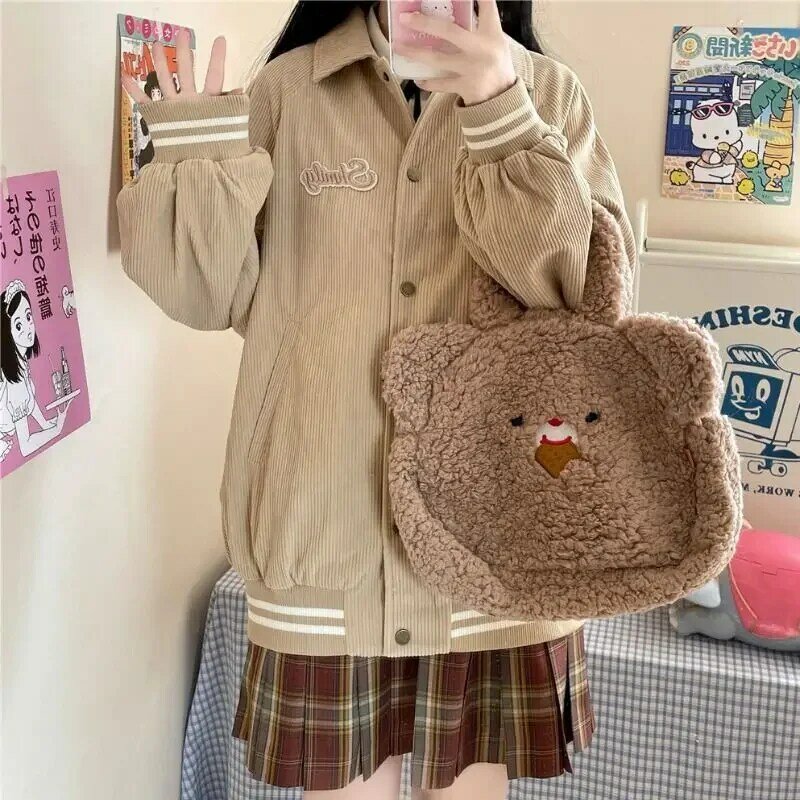 Jesień sztruksowa kurtka baseballowa dziewczyny słodka Kawaii kurtka haftowana 2022 styl college nowy koreański luźny kardigan kurtka kobiet