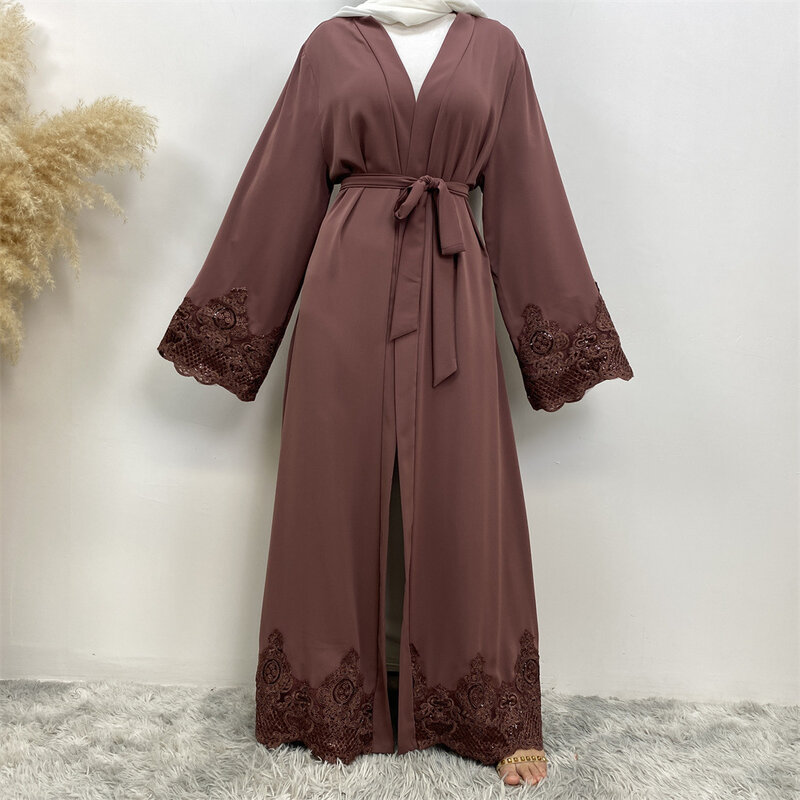 女性のためのオープンフロントレースアバヤ,ドバイの着物,イスラム教徒のバスローブ,イスラムのカフタン,装飾されたラマダンのドレス,着物,女性のためのドレス
