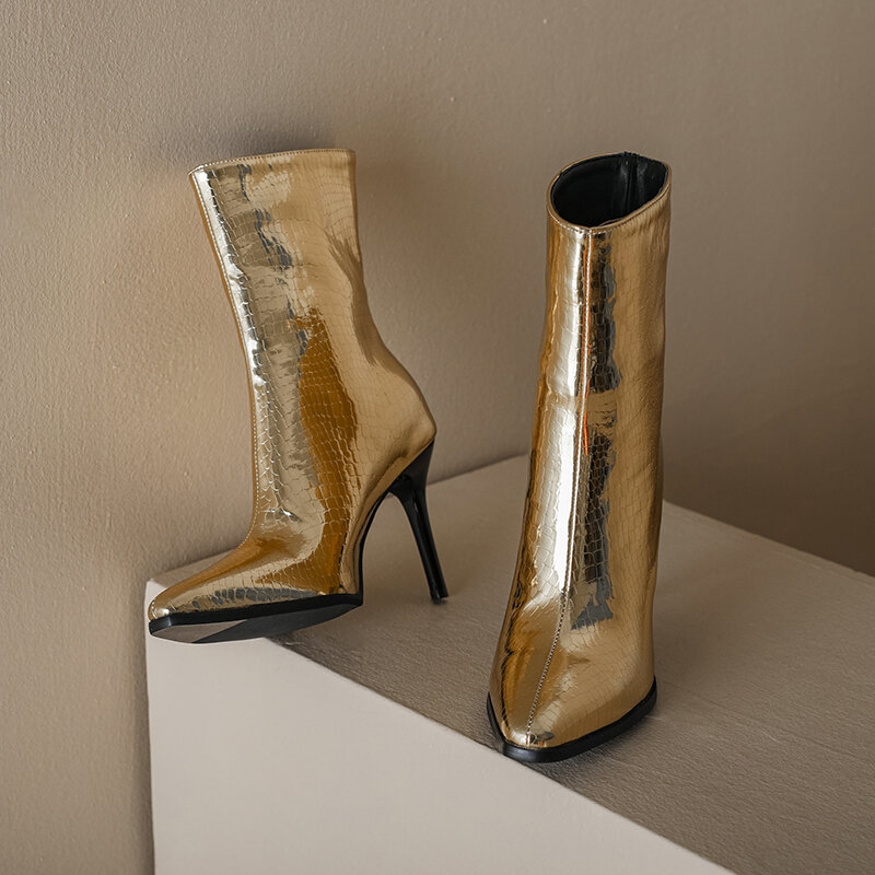FANSAIDI-Botines puntiagudos de aguja para mujer, botas de tacón transparente con cremallera y punta estrecha, color blanco y dorado, novedad 48, 2022