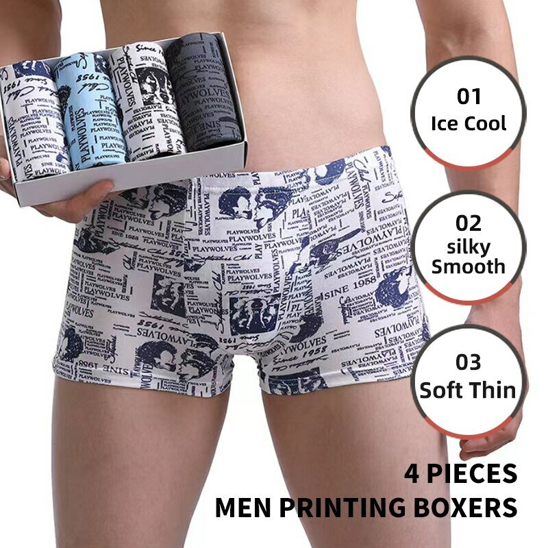 4 Pieces Men Printing Boxers Shorts Underpants Underwear XXL 3XL 4XL 4 Colors Mixing Sexy Soft Breathable Fashion Sports Casual