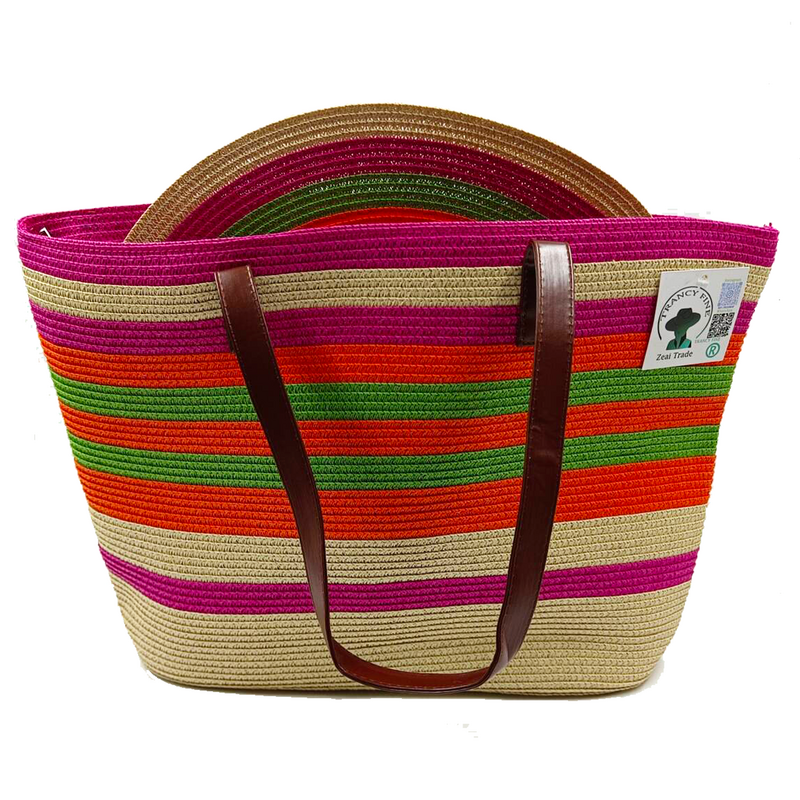 Conjunto de saco de chapéu de palha listrado colorido feminino, saco de balde artesanal feminino, proteção solar ao ar livre, verão