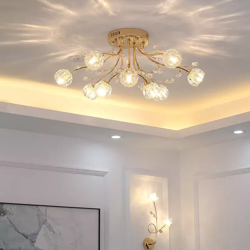 Modern LED Hanging Lamps for Ceiling Glass Flower Living Room Bedroom Chandelier Crystal Pendant Lights Room Decor Lustre