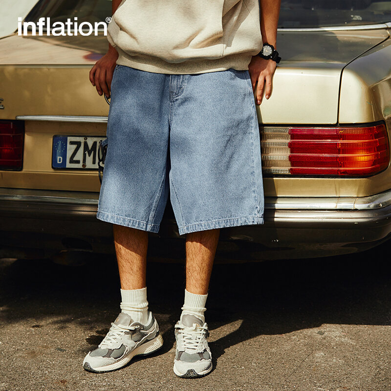 INFLATION-pantalones cortos de mezclilla Vintage para hombre, pantalones vaqueros sueltos rectos lavados, talla grande