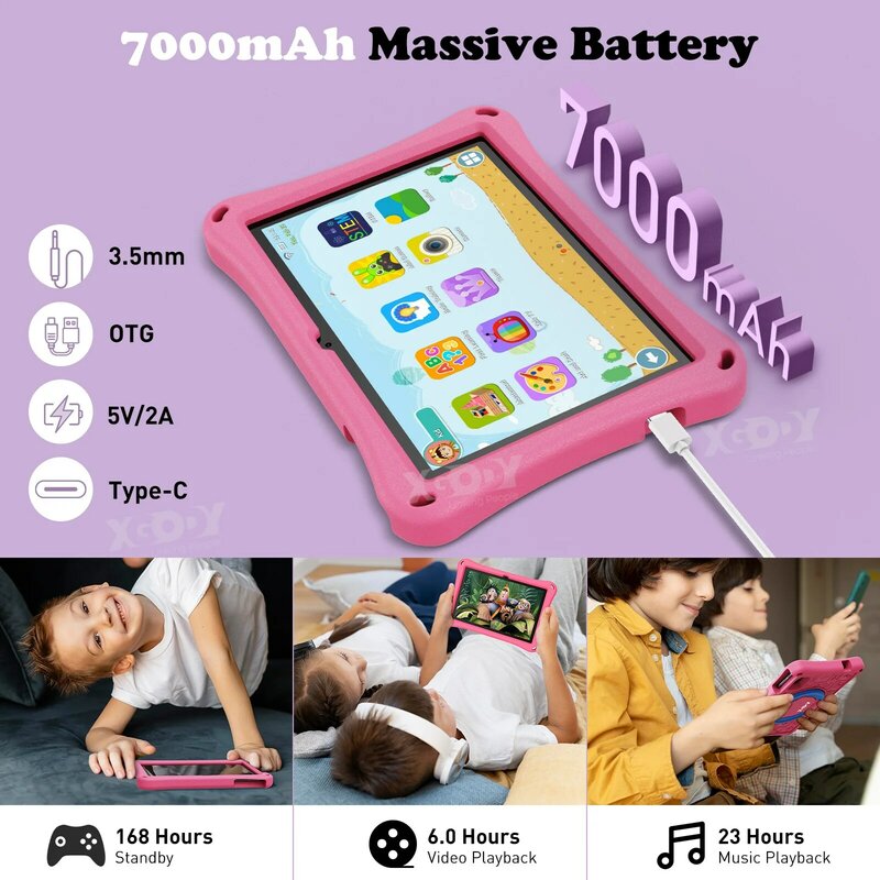 XGODY-Tablette PC Android WiFi pour enfants, Tablettes éducatives d'apprentissage pour enfants, Cadeau pour enfants, 4 Go de RAM, 64 Go, Façades Dean-Core, 10.1 mAh, 7000 pouces
