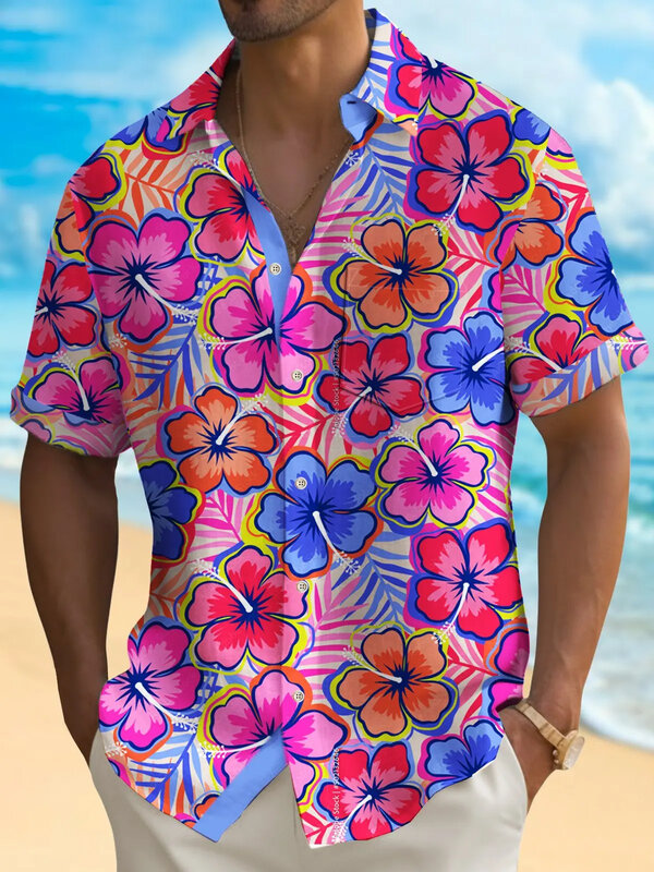 Top de manga curta estilo havaiano masculino, impresso em 3D, design de cores contrastantes, casual na moda, verão, 2024