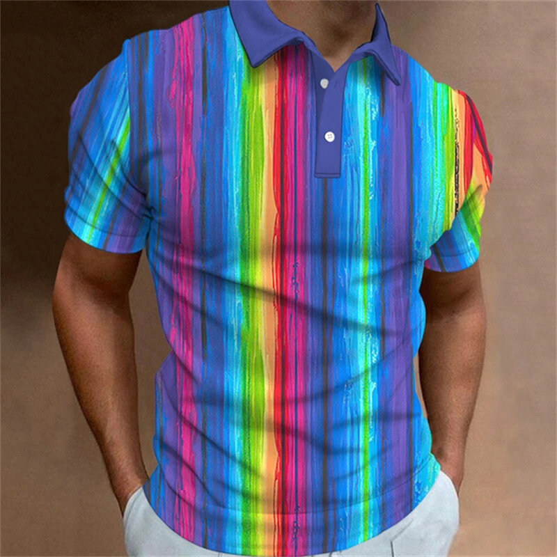 Camisa polo masculina com estampa arco-íris 3D, camisetas listras, casual lapela de rua, tops de manga curta, camiseta solta, verão