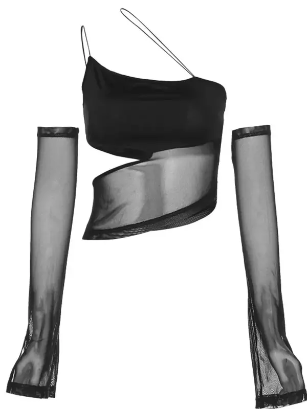 Asymetryczny, wycięty siateczkowy krótki top z rękawami Wróżka Grunge Ubrania Przezroczyste podkoszulki na ramiączkach