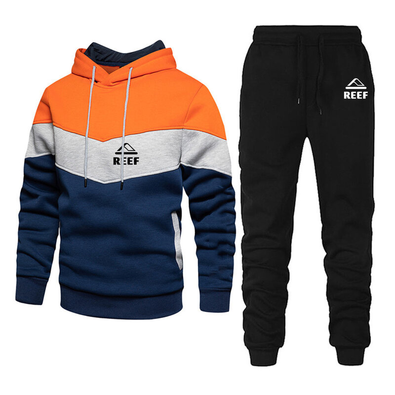 Reef 2023 New Men Spring and Autumn Comfortable Casual Three Color Stitching Patchwork Hoodie+ Trouser Comfortable Set