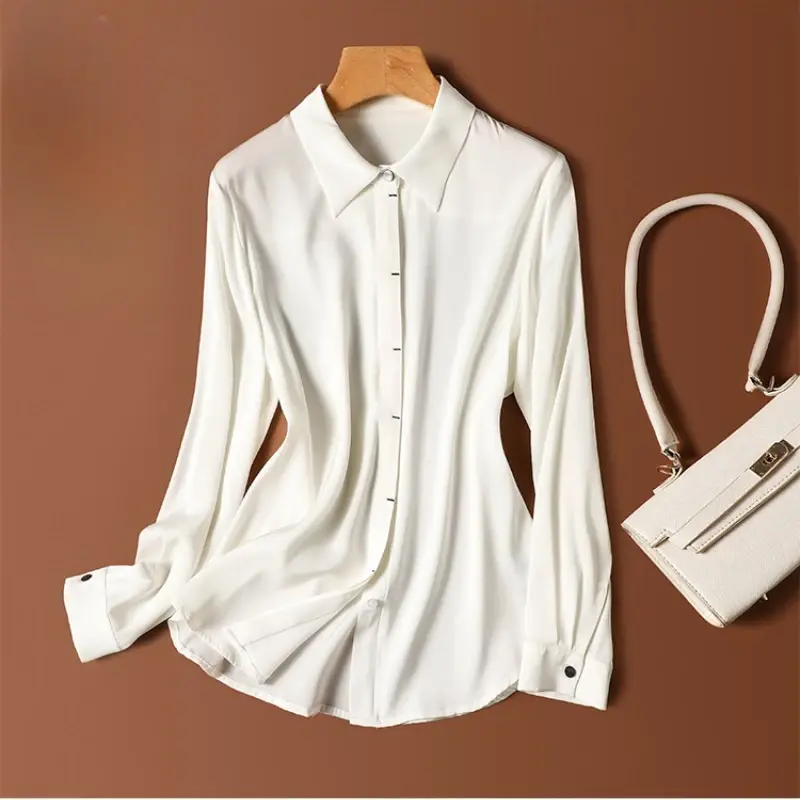 Satin Women's Shirt Summer Solid Vintage Blouses Loose Long Sleeves Women Tops Silk Fashion Polo-Neck Clothing YCMYUNYAN