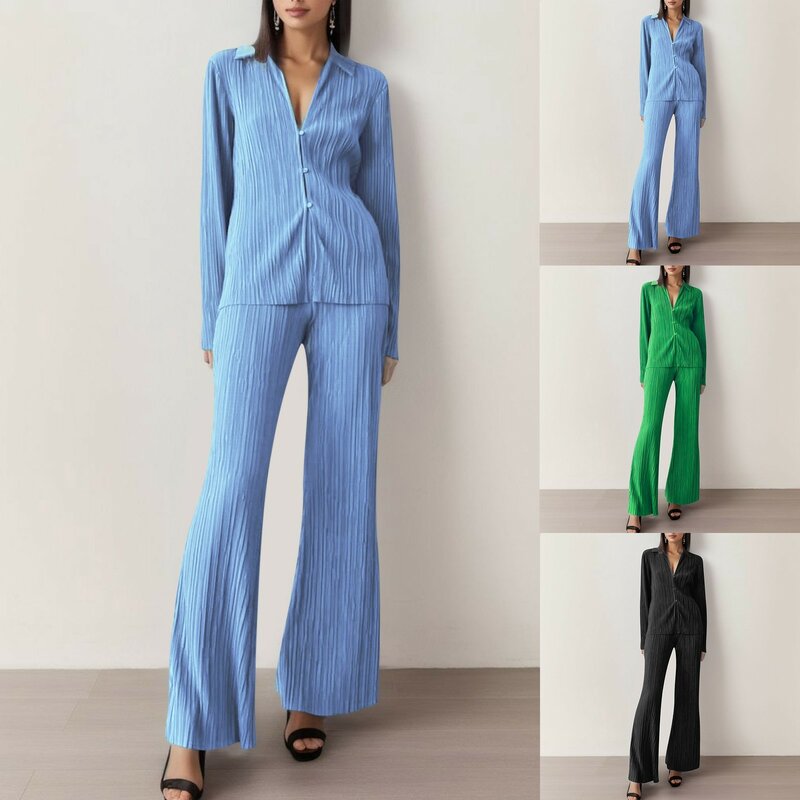 Pleated Women's Two Piece Set Outfits Elegant Long Sleeve Oversized Button Shirt and Wide Leg Pants Suit Fashion Streetwear