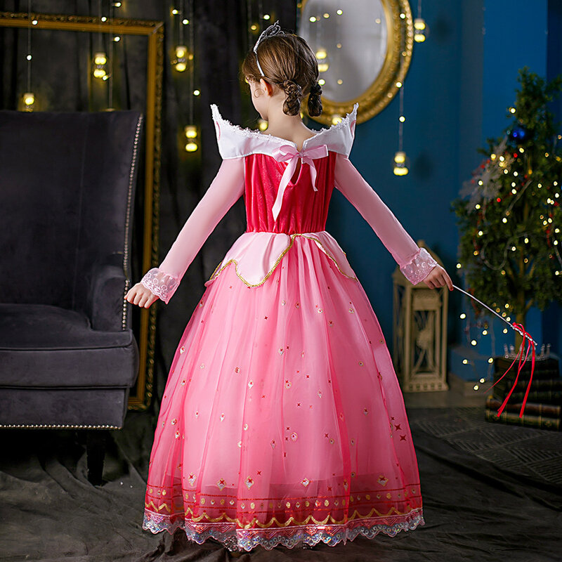 Baju putri Aurora anak perempuan, baju Putri Aurora lengan panjang bahu terbuka jubah renda anak cantik hadiah Natal