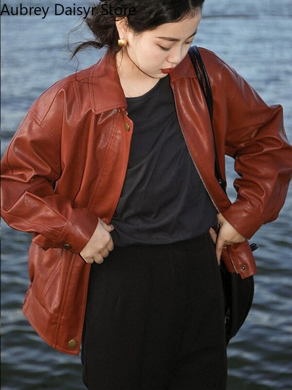 Punk Vintage Red Leather Jacket Women Streetwear Moto Biker Zipper Leather Jacket Female Winter High Street Chic Leather Coat