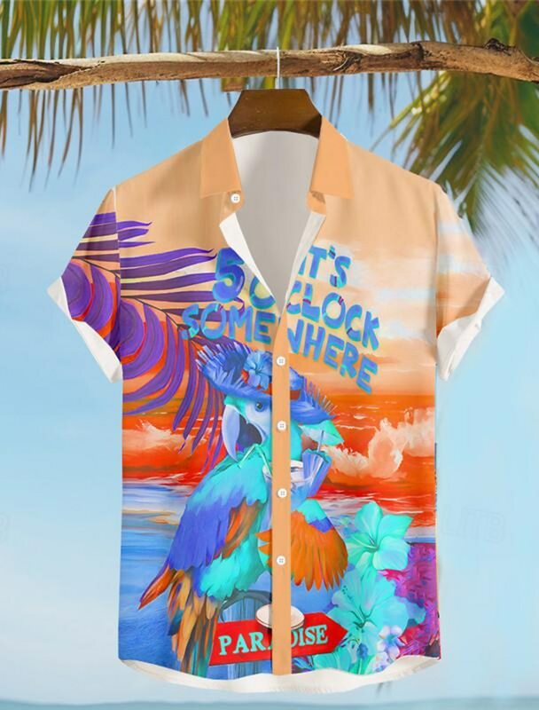 It's 5 O'clock Somewhere Parrot Men's Resort Hawaiian 3D Printed Shirt Button Up Short Sleeve Summer Beach Shirt Vacation Wear