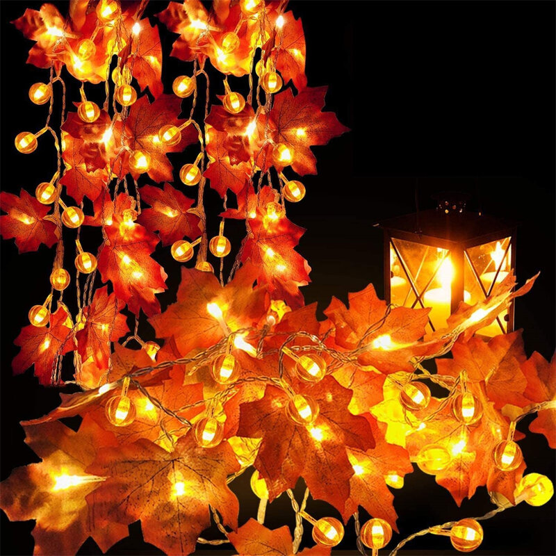 Guirlande lumineuse en forme de citrouille et d'érable à lumière Led, décoration d'automne, féerique, à piles, pour Thanksgiving, fête d'halloween, en plein air