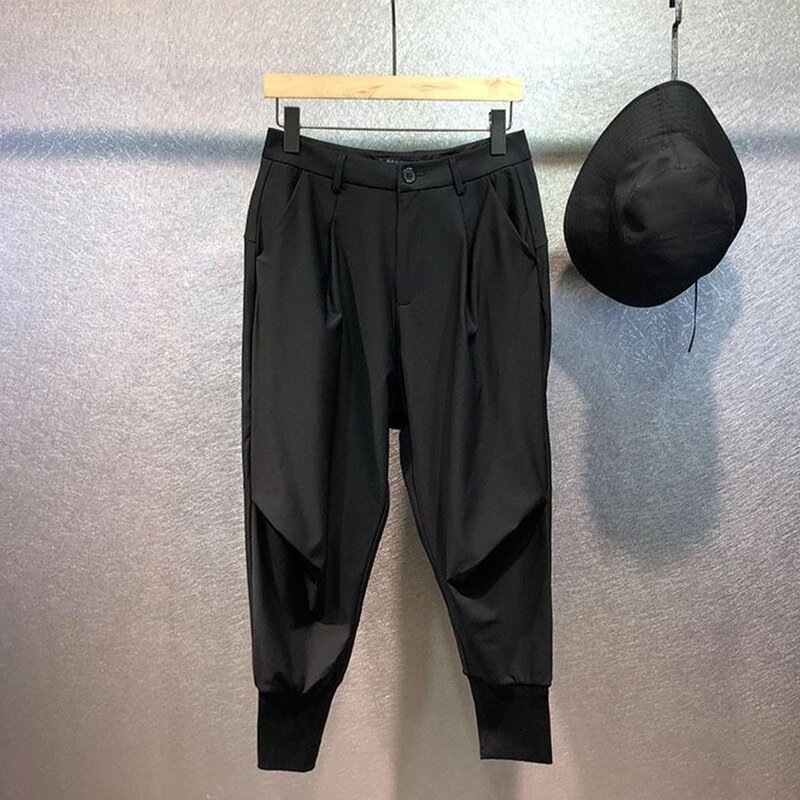 Street Japanese Yamamoto Style Loose Black Pleated Trousers Dark Black Non-ironing Fashion Harem Trousers Casual Trousers Men