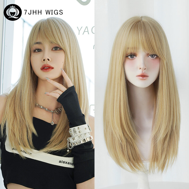 7JHH-peruca loira reta longa para mulheres, perucas de cabelo em camadas sintéticas, franja resistente ao calor, alta densidade, diariamente, cortina
