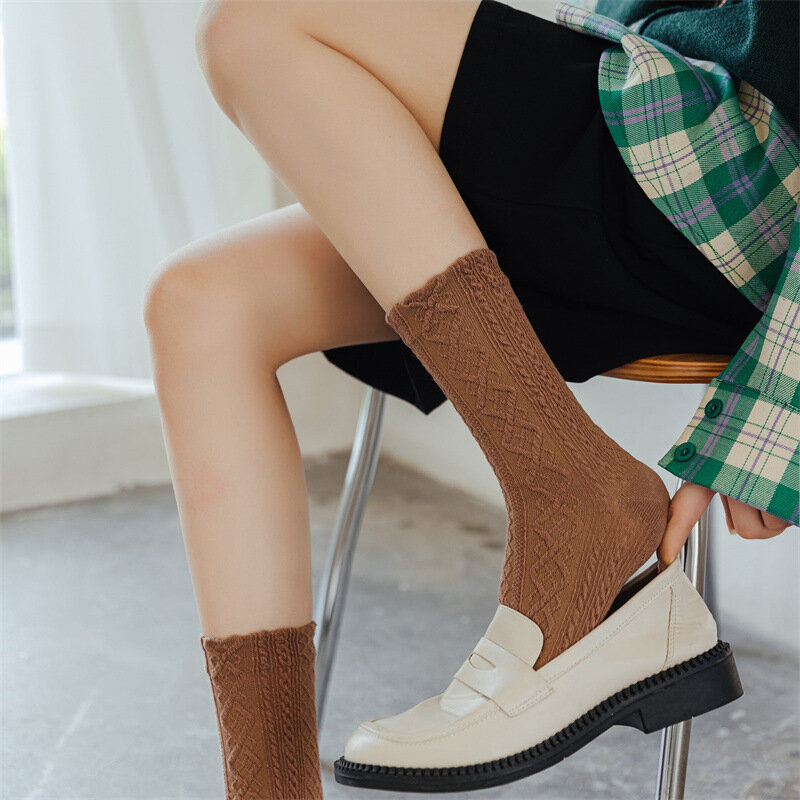 Ассиметричные жаккардовые носки из чесаного хлопка AB в стиле ретро для девушек, повседневные жаккардовые носки с тиснением в стиле "Лолита"