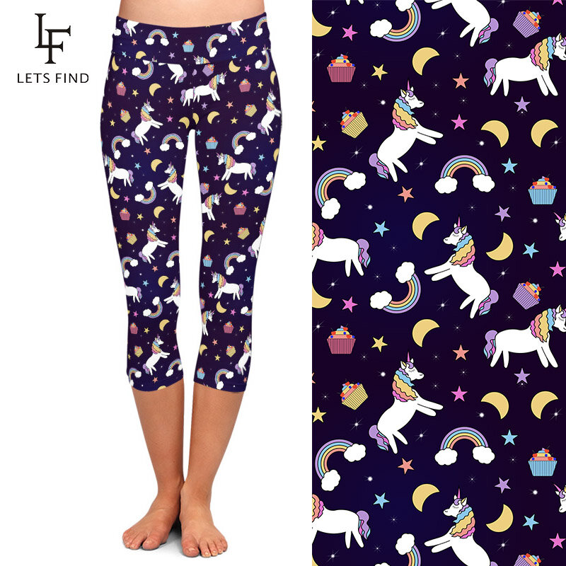 LETSFIND-mallas Capri ajustadas de cintura alta para mujer, Leggings con estampado de nubes y estrellas, unicornio, arcoíris