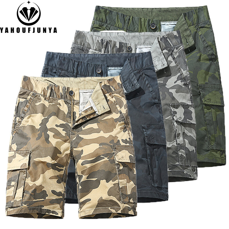Men Summer Outdoor Leisure Camouflage Solid Cargo Shorts Men Cotton Loose Buttons Comfortable Straight Fashion Design Short Male