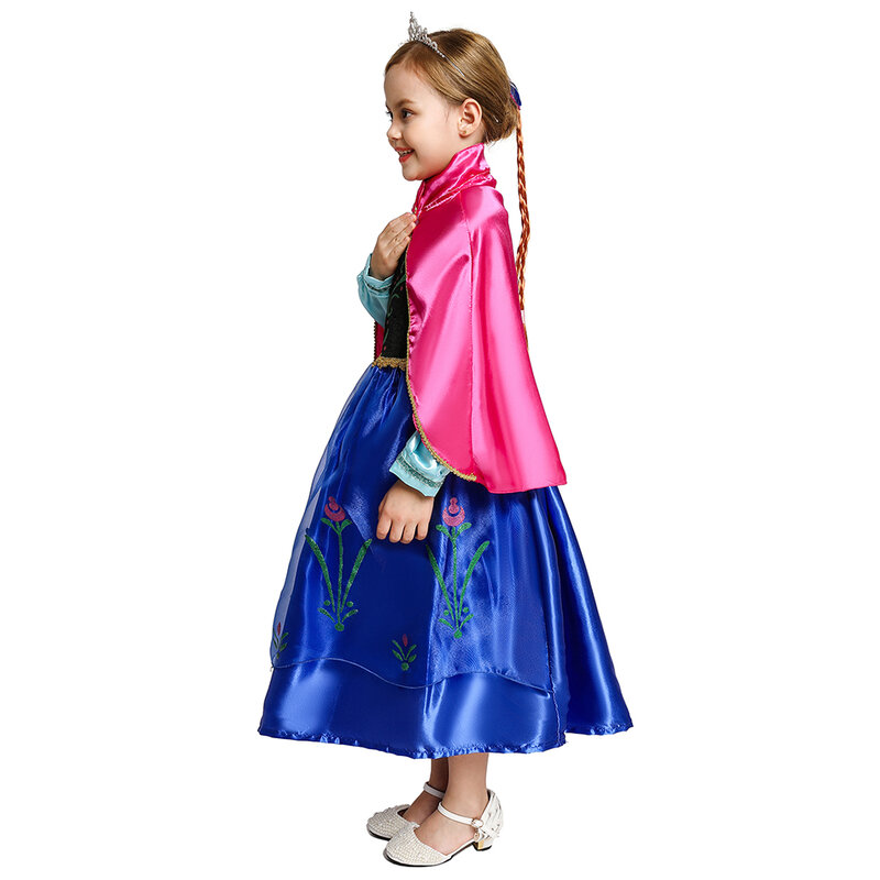 子供のためのディズニー冷凍プリンセスアンナコスプレコスチューム、ケープ付きの豪華な誕生日パーティードレス、ハロウィーンのドレス、女の子、2024