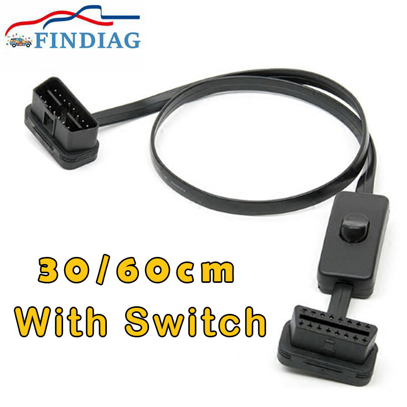 Kabel adaptor ekstensi OBD2 16Pin 30CM/60CM, kabel datar + tipis As mie OBDII konektor soket pria ke Wanita dengan sakelar ON/OFF