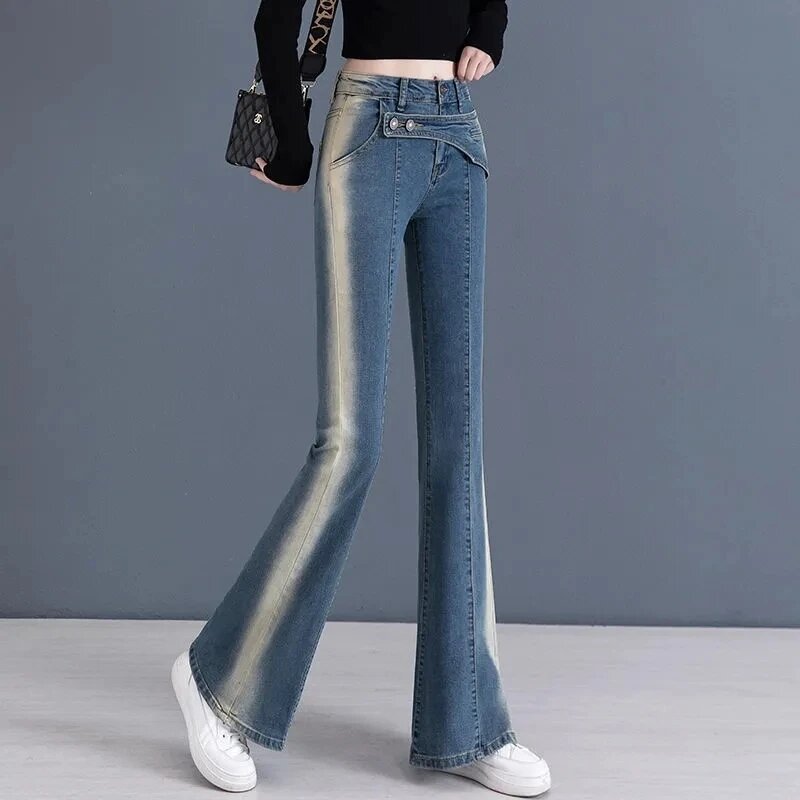 2024 Autumn Retro High Waisted Ladies Plus velvet Jeans Fashion gradual change Design Sense Female Cowboy Micro Flared Trousers