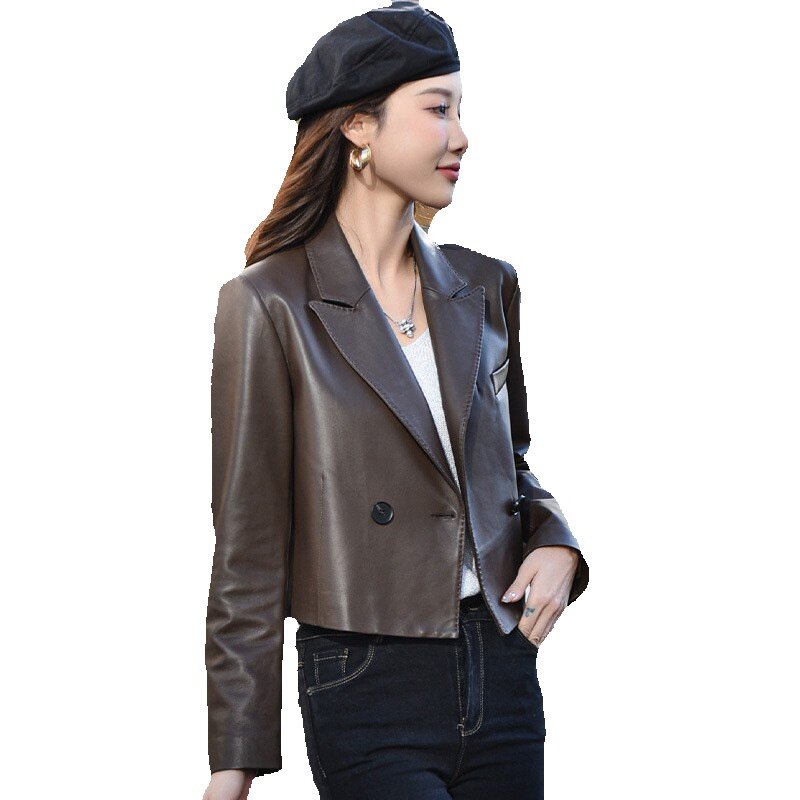 Jaqueta de couro genuíno para as mulheres, pura pele de carneiro terno curto elegante, novo
