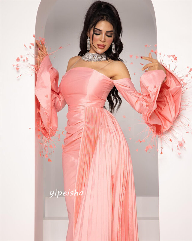 Strapless Prom Dress com Draped Tassel, Arábia Saudita, Satin Beach Bainha, Vestido Ocasião Bespoke, Vestidos de manga comprida