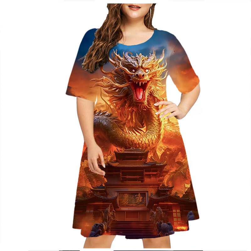 Женское платье с принтом дракона, свободное летнее платье с коротким рукавом и 3D-принтом, размеры до 6XL