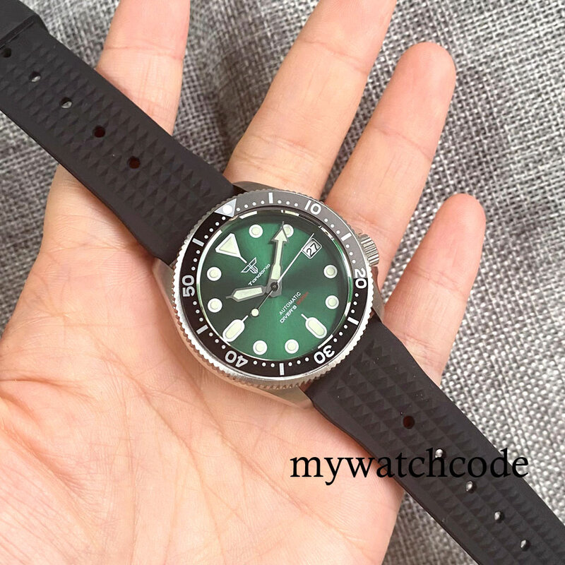 Tandorio NH35A Green Sunburst Luminous Dial 37mm Automatic Men's Wristwatch 3.8 Crown Alloy Insert Waffle Strap Auto Date