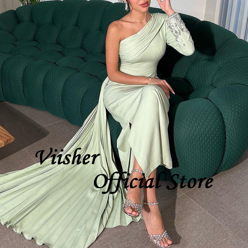 Viisher Зеленые Вечерние платья-русалки на одно плечо с бусинами атласное элегантное арабское дубайское платье для выпускного со шлейфом вечерние платья