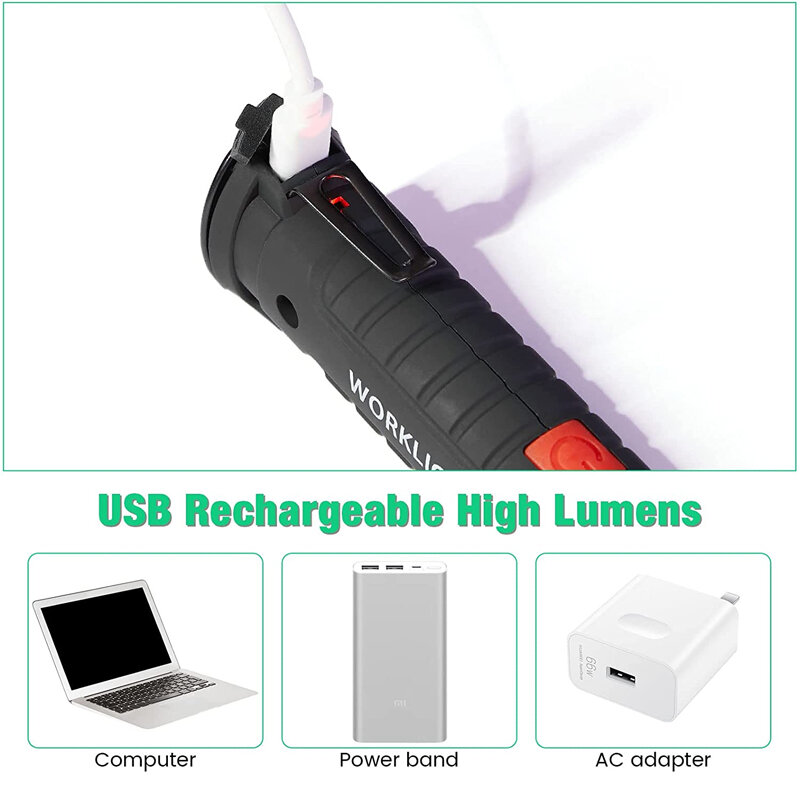 Lanterna portátil COB LED, USB recarregável, luz de trabalho, lanterna magnética, lâmpada pendurada com bateria embutida, tocha de acampamento, novo