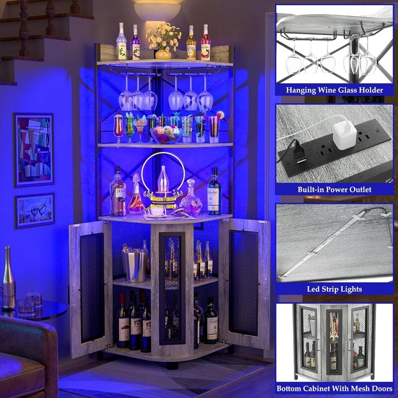 5-stufige Schnapsschrank-Bar einheit für den industriellen Weins chrank zu Hause mit LED-Streifen und Glas halter tisch aus weißer Eiche