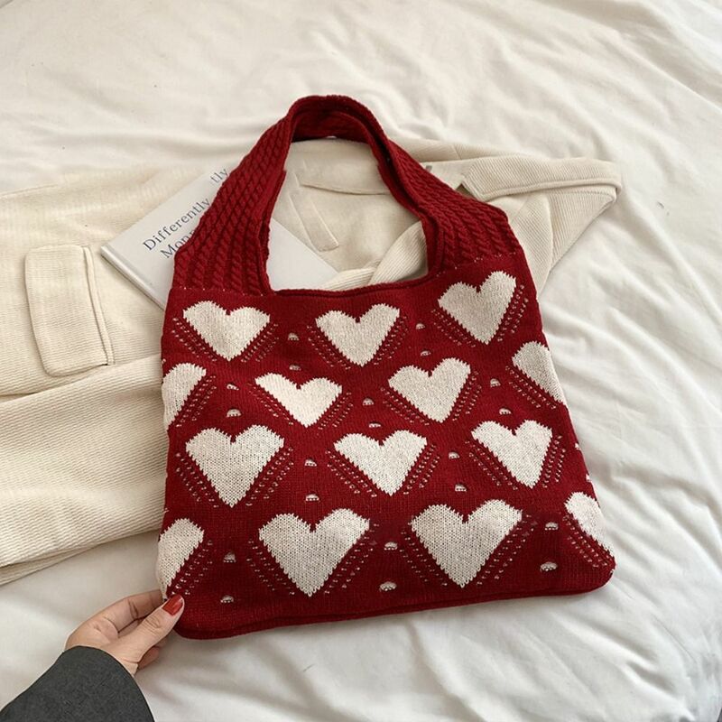 Large Capacity Knitted Shoulder Bags Fashion Shopping Tote Love Pattern Women Crochet Bag Travel Student Books Bag Beach
