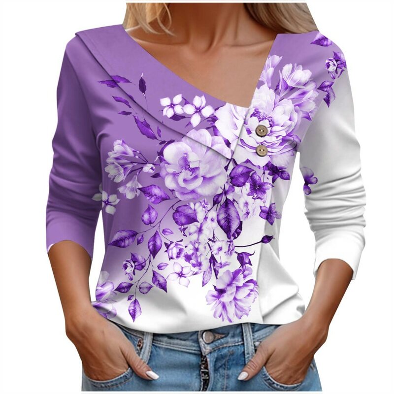 Camiseta de manga comprida com estampa floral feminina, blusa com gola, camiseta estilo coreano, moda feminina de escritório, primavera, outono, gráfico, 2022