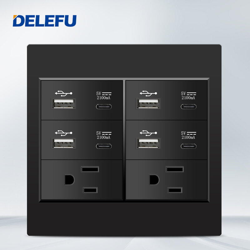 Черная огнестойкая панель DELEFU 4*4PC, Мексиканский стандарт, настенная розетка типа C стандарта США, стандартный выключатель для быстрой зарядки