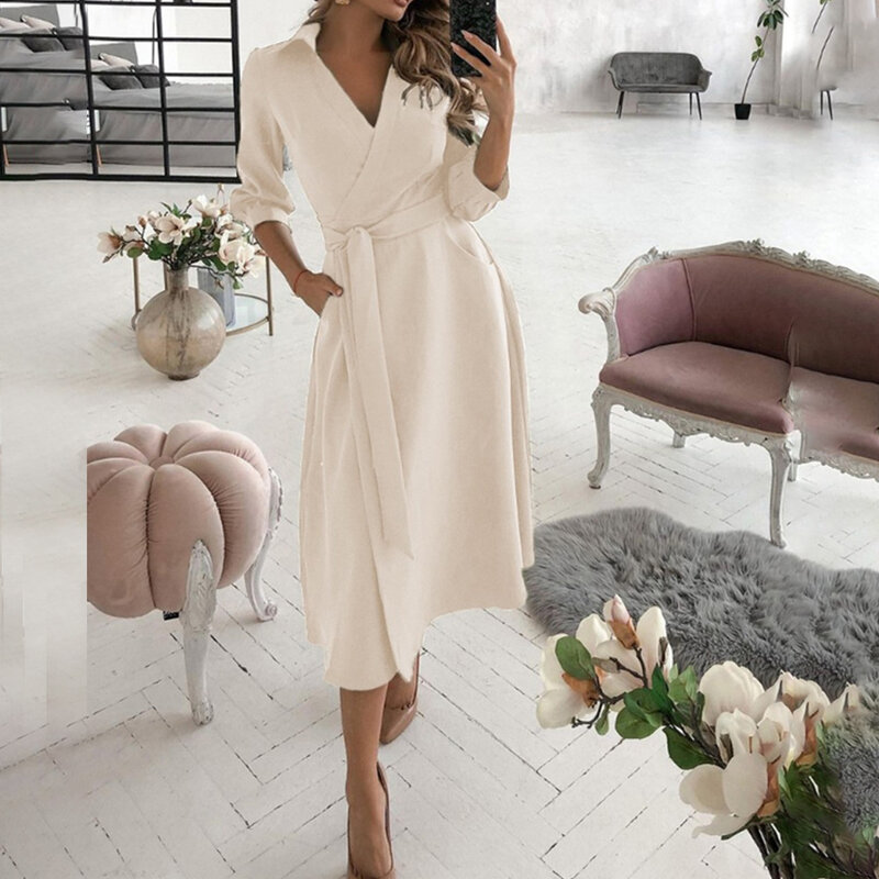 New Fashion Womens Long Sleeve Floral Midi Dress Lace Up Belted V-Neck Solid Wrap Dresses Solid Buttocks Waistband Ladies Skirts