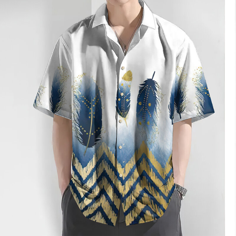 Camisa de manga curta masculina com estampa pluma 3D, top casual diário de lapela, camisas havaianas grandes soltas, roupas de luxo
