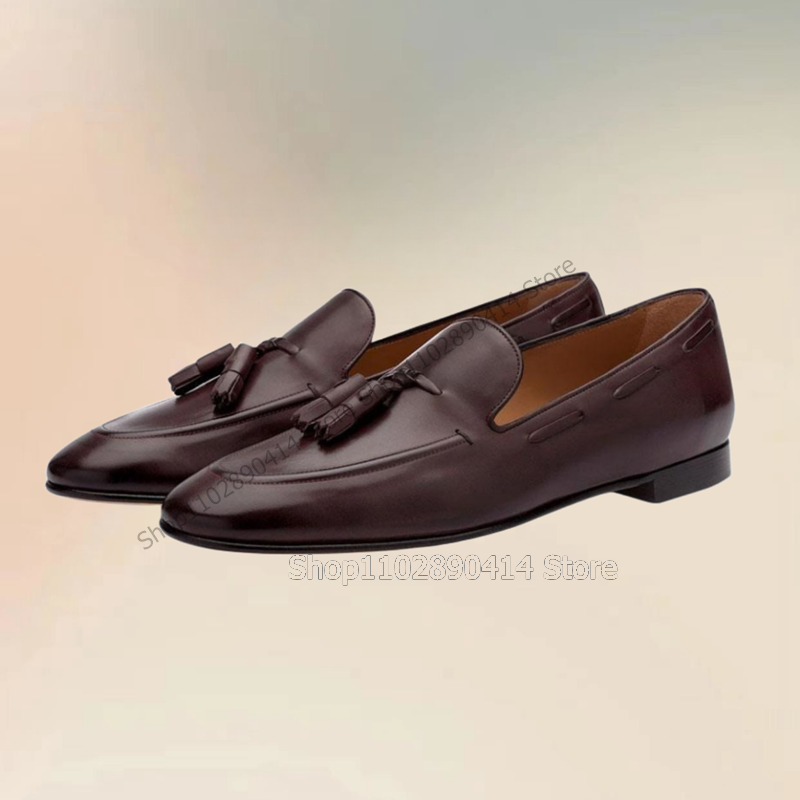 Mocassins en cuir marron avec glands pour hommes, chaussures provoqué faites à la main, conception de couture, mode de luxe, banquet de fête, bureau