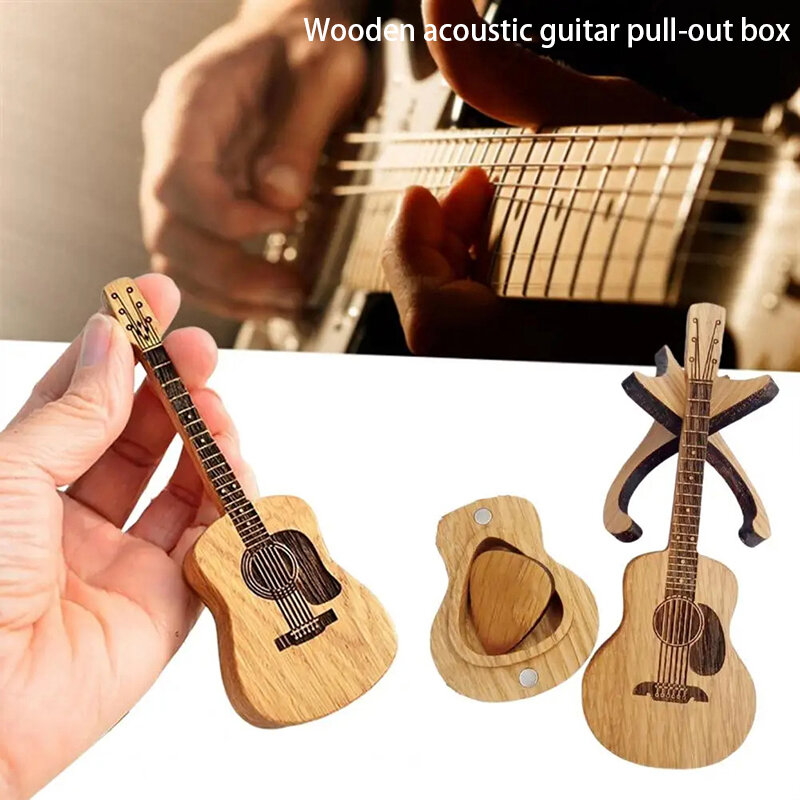Kotak Pick gitar akustik portabel, 1 buah kotak penyimpanan gitar akustik kayu dengan dudukan tepi halus Burr