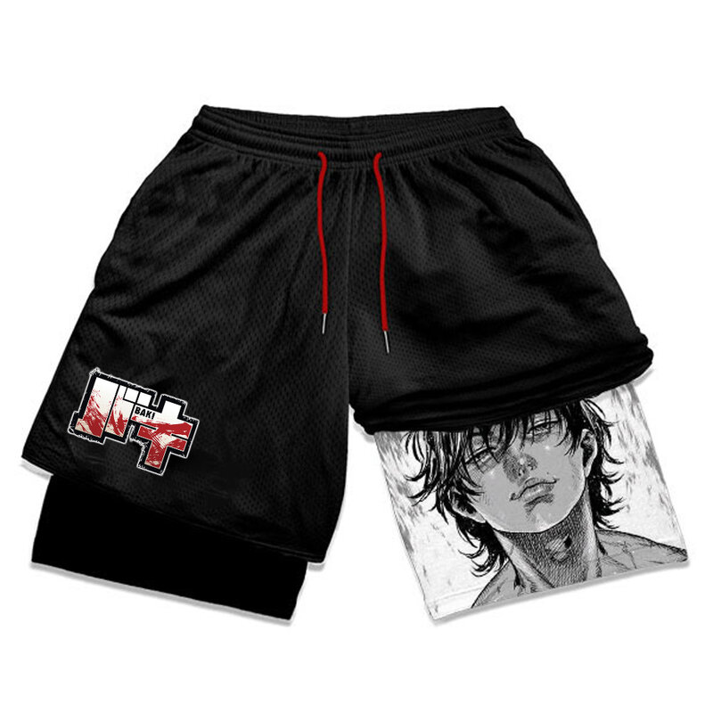 Men's Anime Hanma Baki Fitness Shorts Printed Black Double Layer 2 In 1 Quick-drying Shorts Fitness Running Sports Summer
